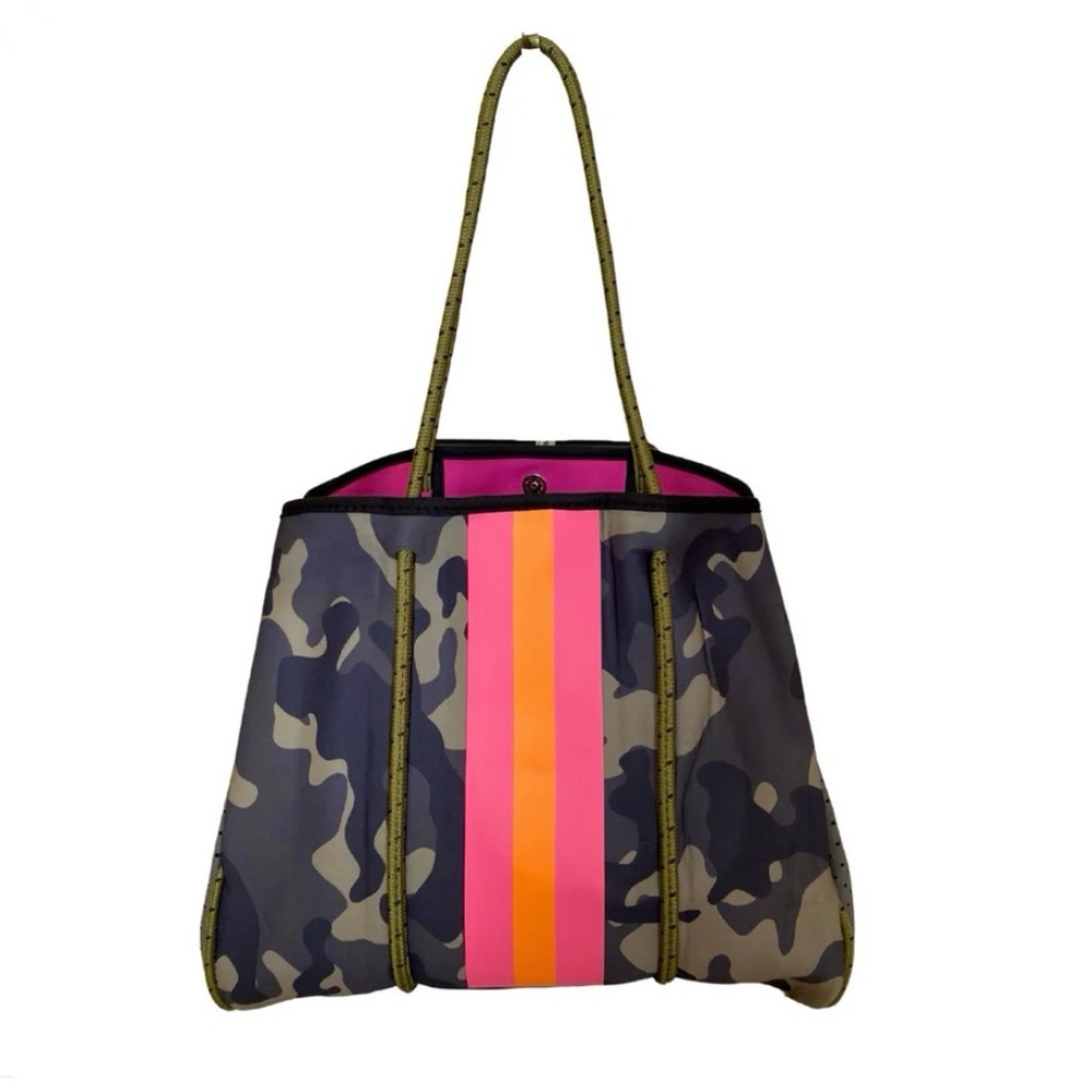 Women's Camouflage Neoprene Tote with Pink & Orange Stripe